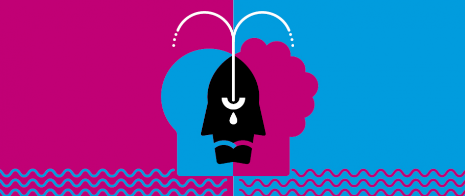 Grafika: niebiesko-różowe dopełniające się tło. Dwie schematycznie narysowane głowy (kobieca i męska) zachodzące na siebie tworząc postać jednookiego cyklopa z dodaną kroplą łzy, symbolem fontanny (odwołanie do fabuły opery)