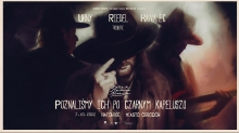 Infografika: trzech muzyków w czarnych kapeluszach widzianych jak zza mgły. Szlak Śląskiego Bluesa - logo, Tribute to Urny / Riedel / Kawalec 
