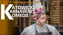 Infografika: zdjęcie aktora z karnawałową maską, 16. Katowicki Karnawał Komedii, 27 stycznia - 6 lutego 2023
