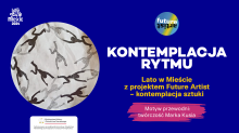 Fragment pracy Marka Kusia przedstawiającej dużą ilość uproszczonych sylwetek człowieka w tańcu umieszczonych na jasnym tle