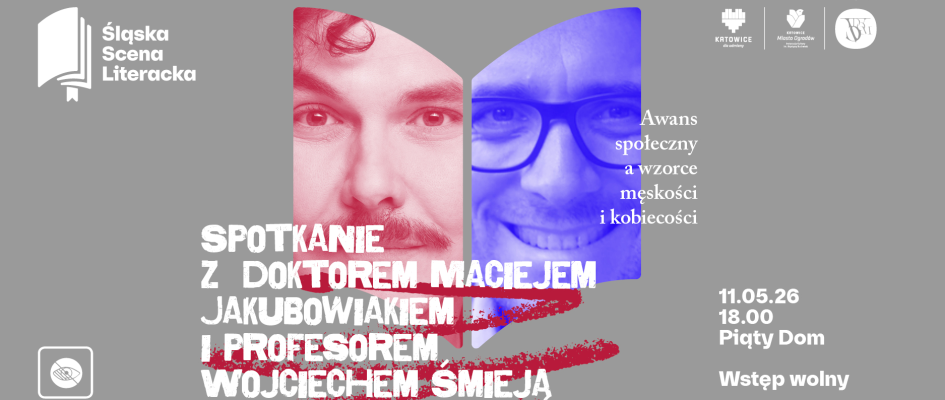 grafika artystyczna na szarym tle z tytułem wydarzenia i zdjęciami gości.
