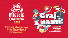 artystyczna grafika na czerwonym tle przedstawiająca dzieci grające na instrumentach 