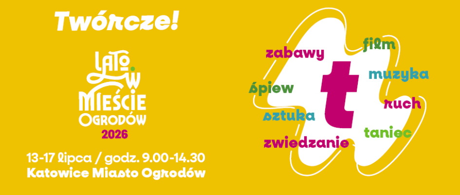 grafika na żółtym tle promująca wydarzenie Lato W Mieście Ogrodów