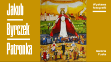 grafika artystyczna na żółtym tle przedstawiająca królewnę, pod nią tańczący ludzie, w tle miasto 