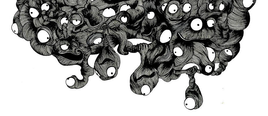 przypominająca kształtem mózg kotłowanina obłych stworów z oczami. Tytuł rysunku: chmura