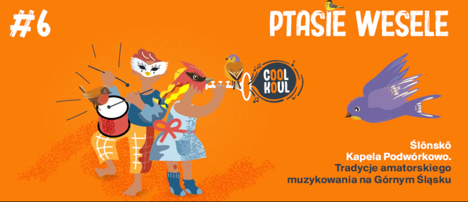 Rysunek dwójki dzieci w maskach ptaków na twarzach, grają na bębenku i trąbce. Obok fruwają kolorowe ptaki. 